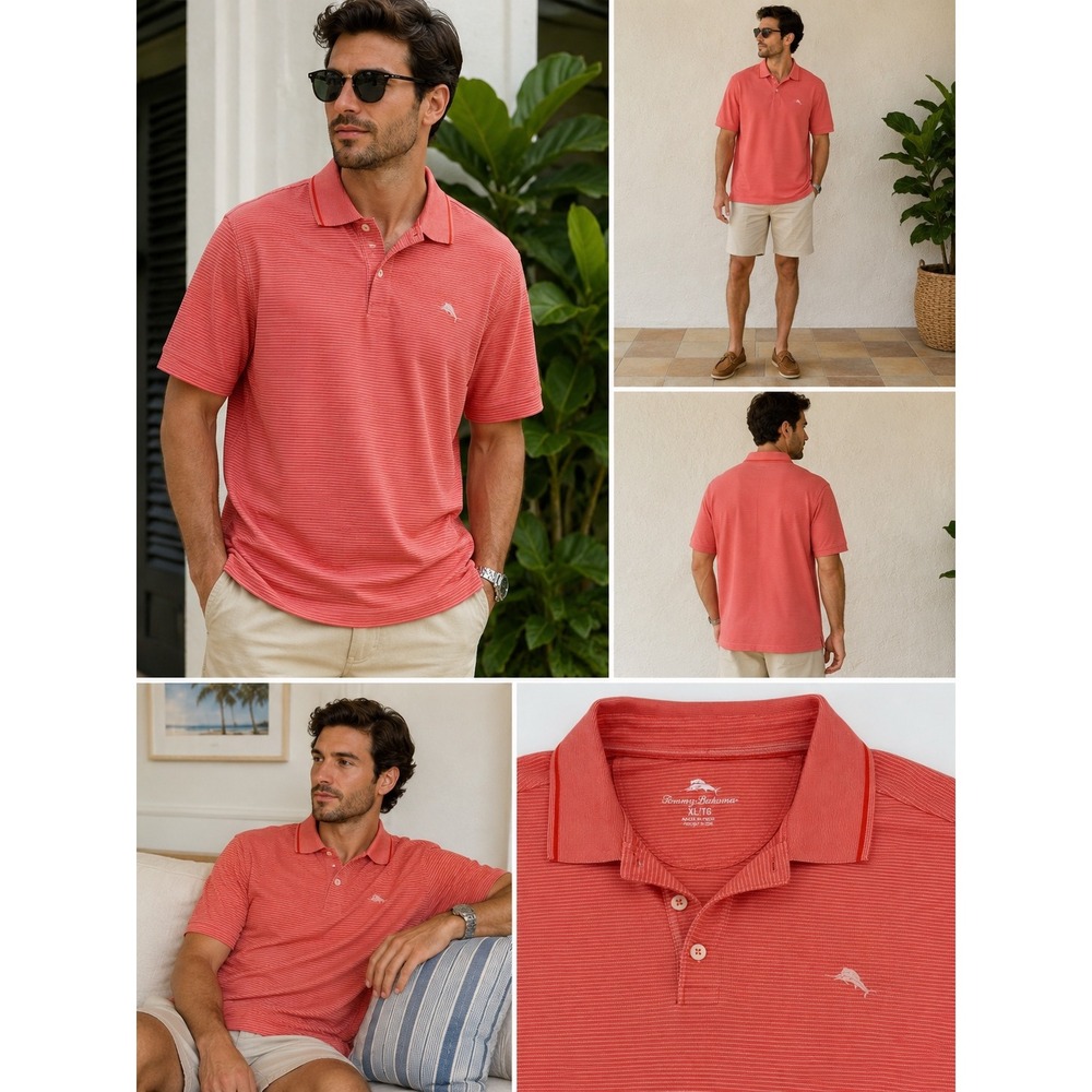 Tommy Bahama Mens XL Coral Orange Micro Stripe Polo Shirt 231-ST226364TX